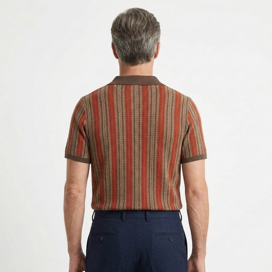 Men's knit polo — vertical stripes — casual resort style — product view