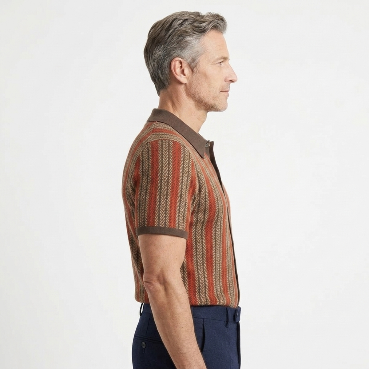 Men's knit polo — vertical stripes — casual resort style — product view
