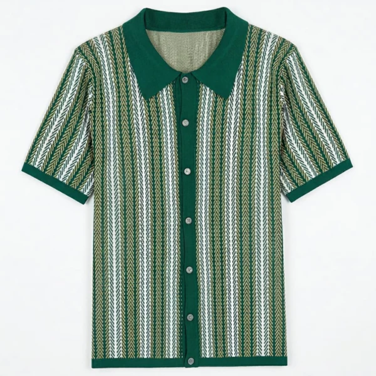 Men's knit polo — vertical stripes — casual resort style — Green