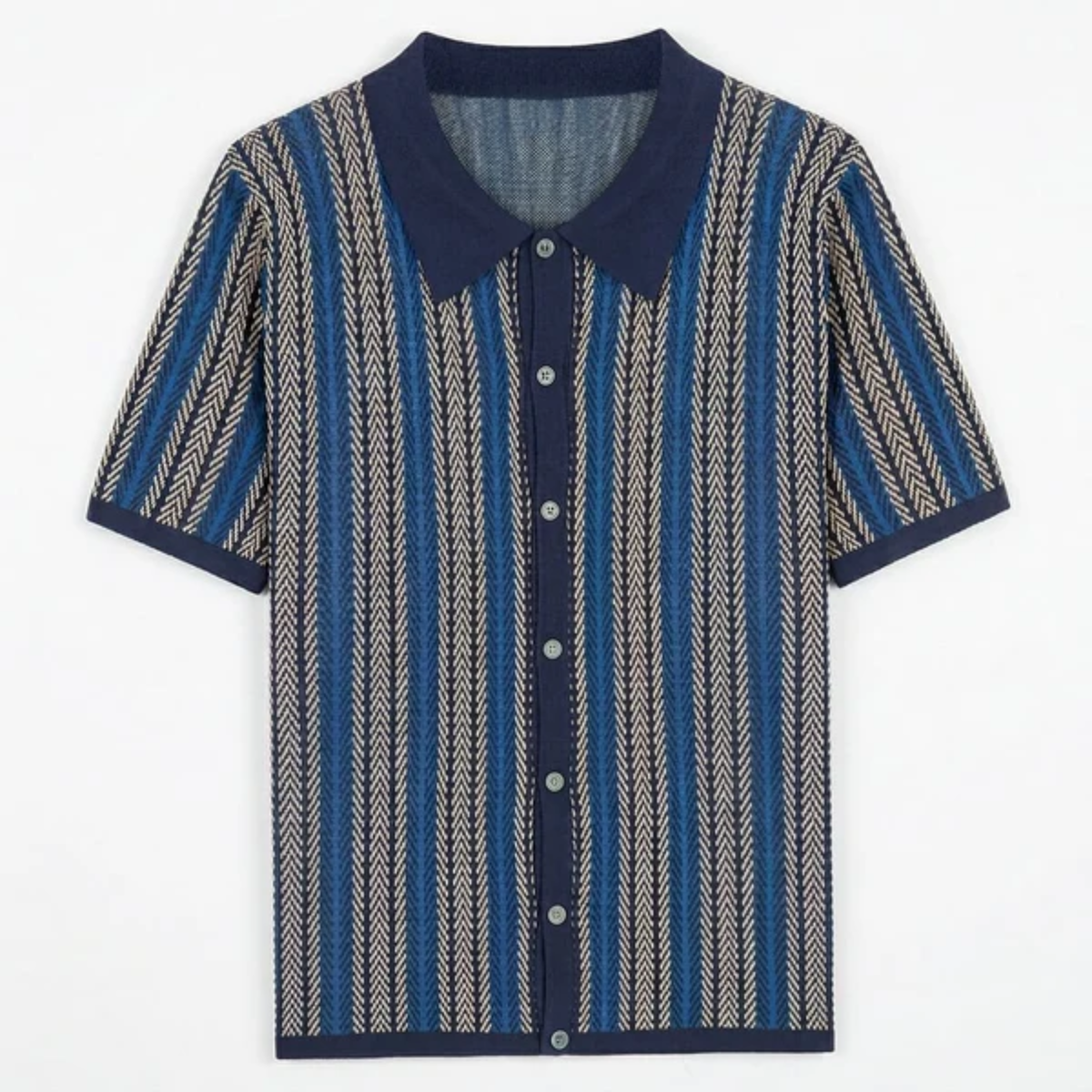 Men's knit polo — vertical stripes — casual resort style — Navy