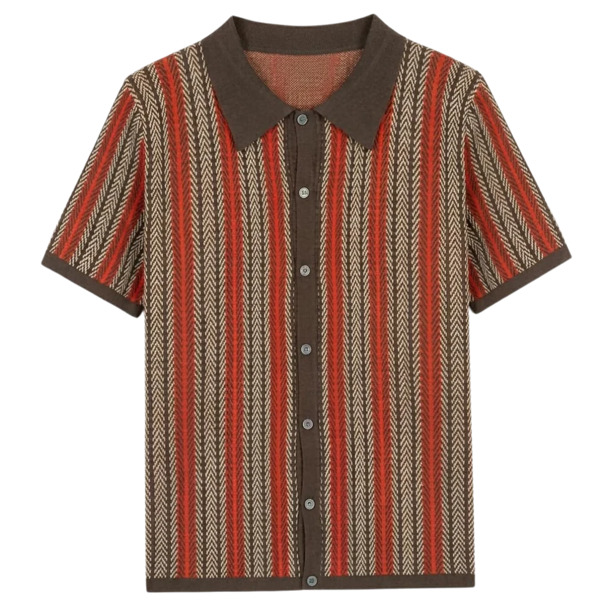 Men's knit polo — vertical stripes — casual resort style — Brown