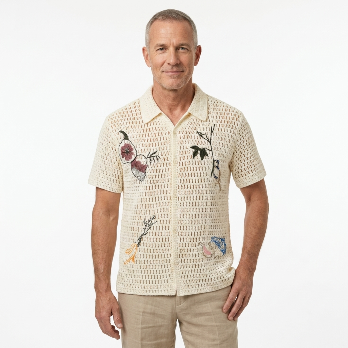 Men's crocheted polo — botanical embroidery — summer resort style — Beige