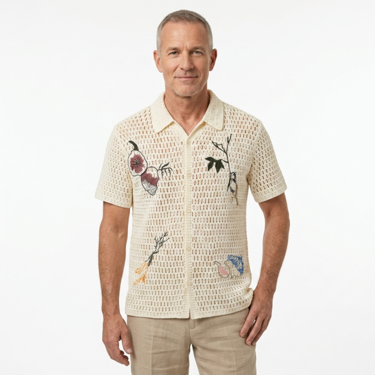Men's crocheted polo — botanical embroidery — summer resort style — Beige