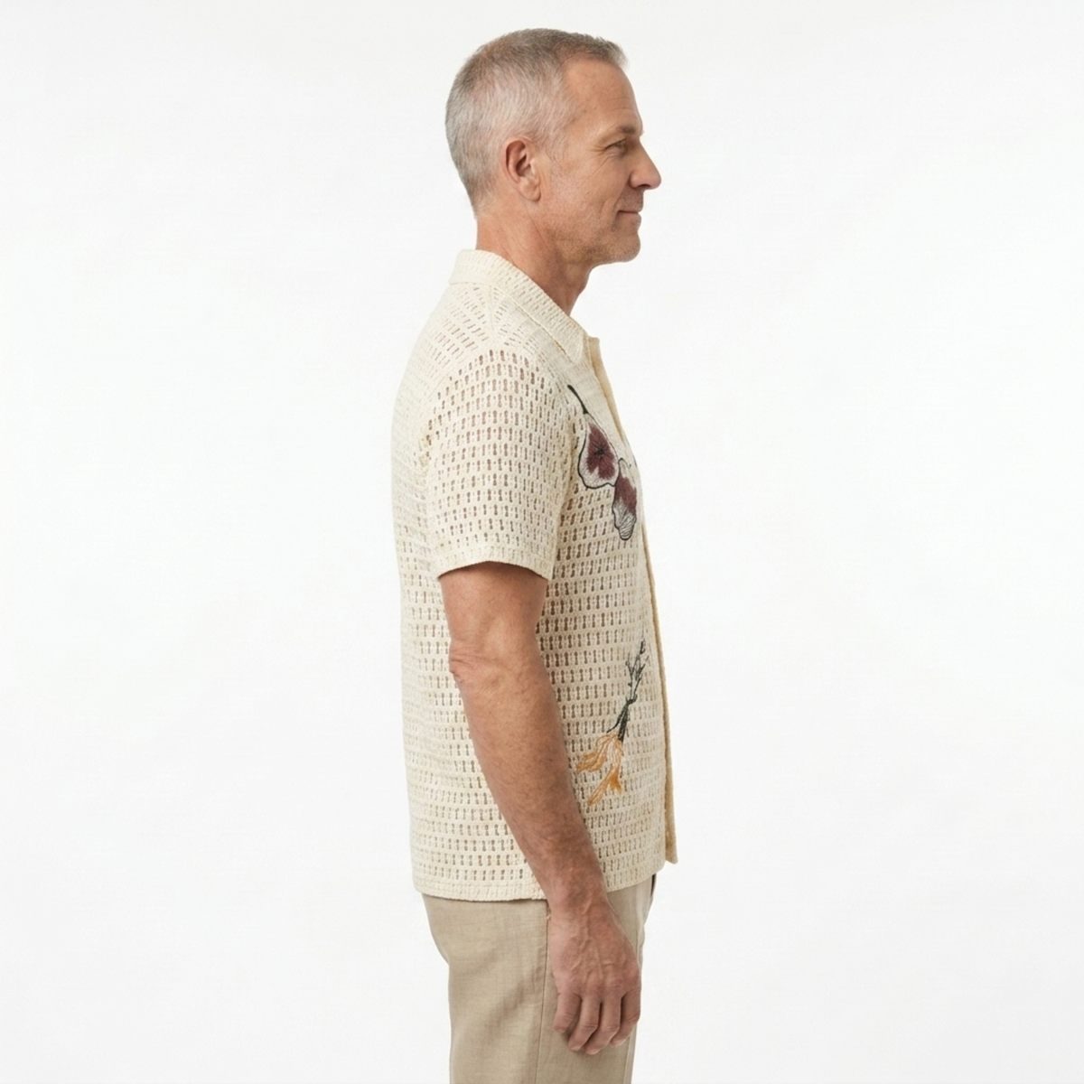 Men's crocheted polo — botanical embroidery — summer resort style — Beige