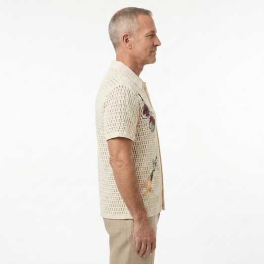 Men's crocheted polo — botanical embroidery — summer resort style — Beige