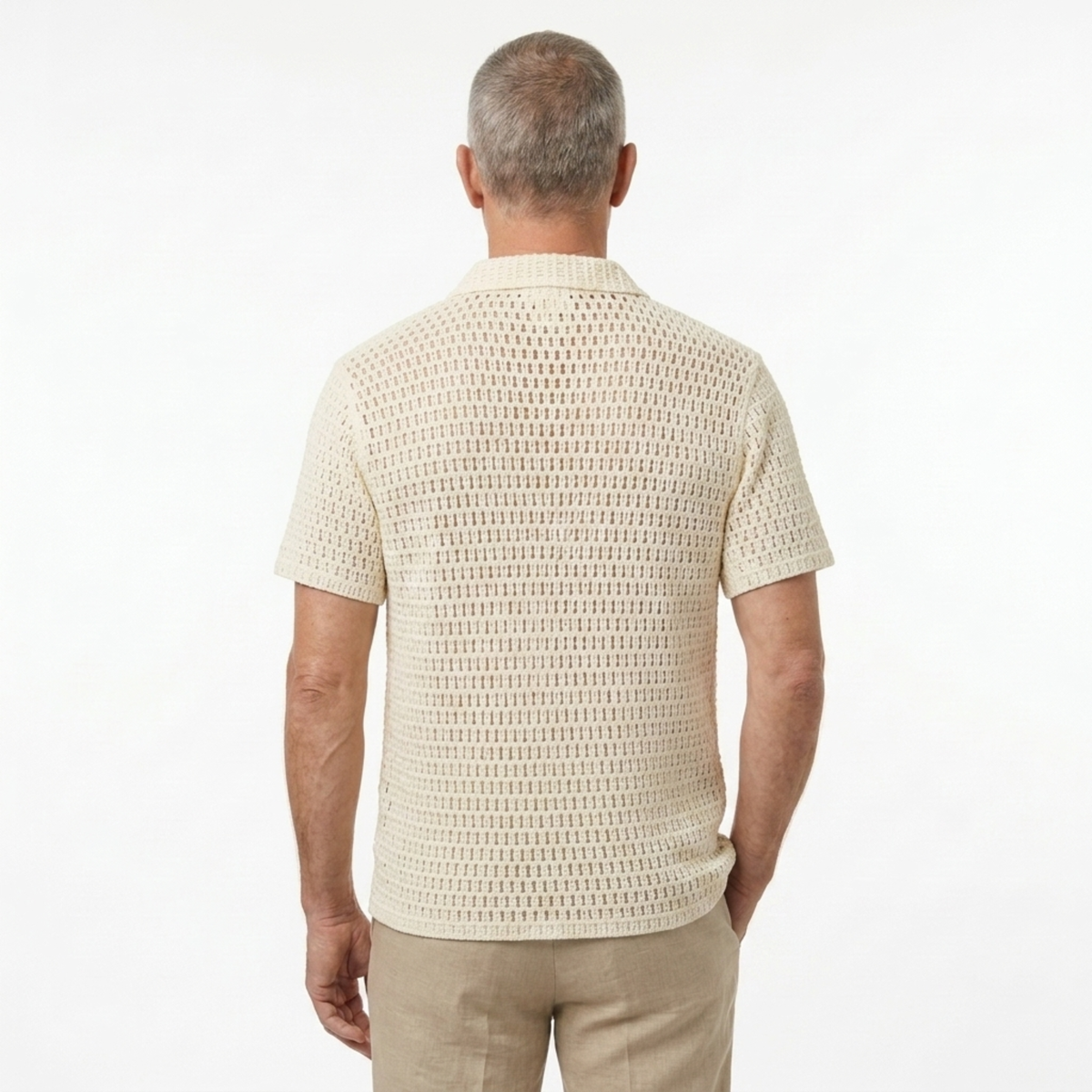 Men's crocheted polo — botanical embroidery — summer resort style — Beige
