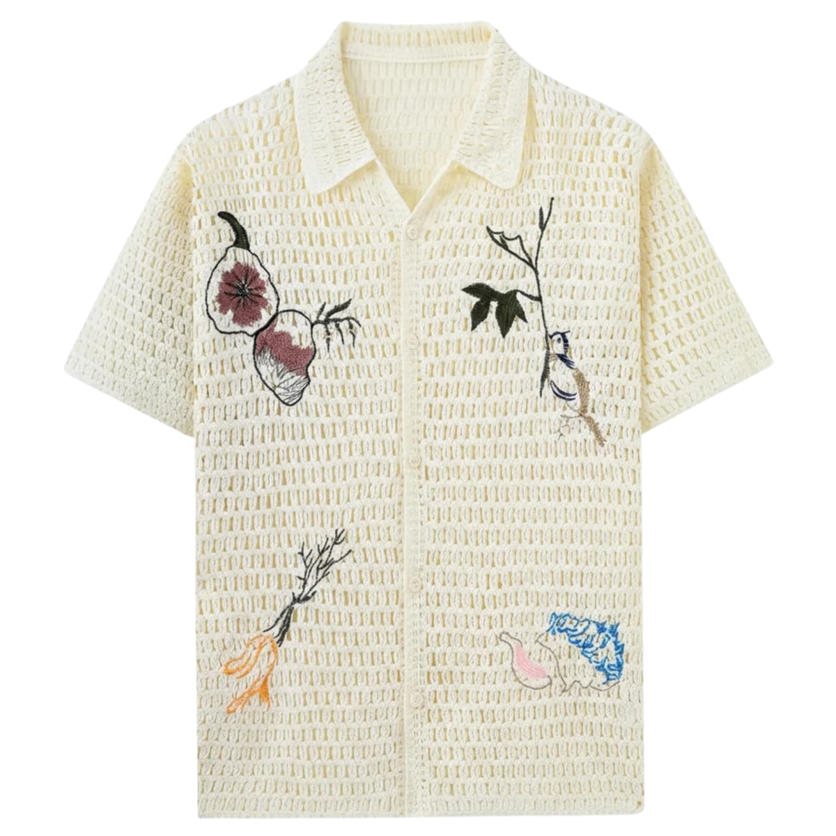 Men's crocheted polo — botanical embroidery — summer resort style — Beige