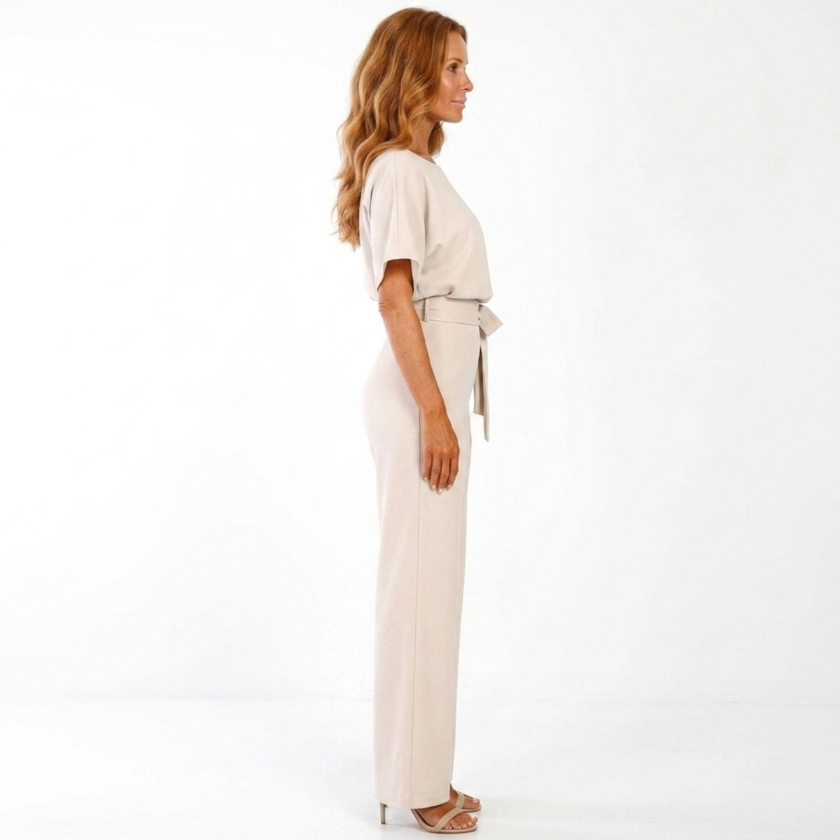Women's wide-leg jumpsuit — with belt and short sleeves — beach — product view