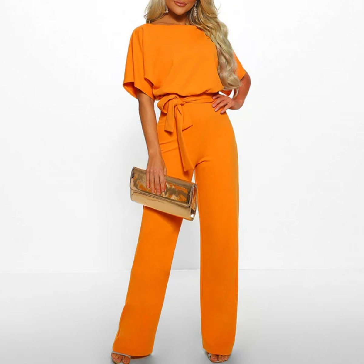 Women's wide-leg jumpsuit — with belt and short sleeves — beach — Yellow