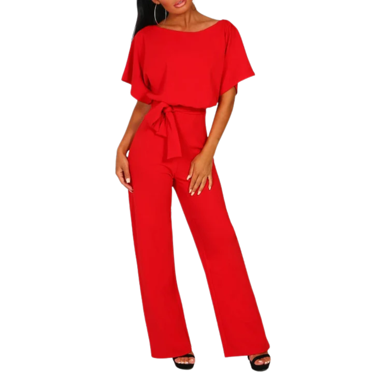 Women's wide-leg jumpsuit — with belt and short sleeves — beach — Red