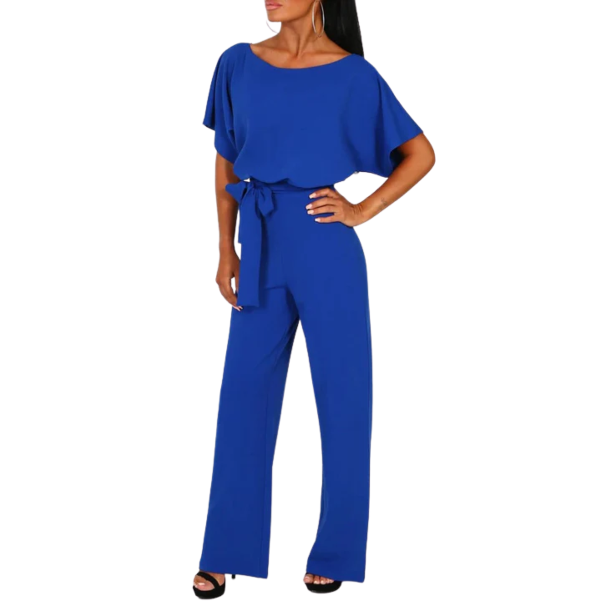 Women's wide-leg jumpsuit — with belt and short sleeves — beach — Blue