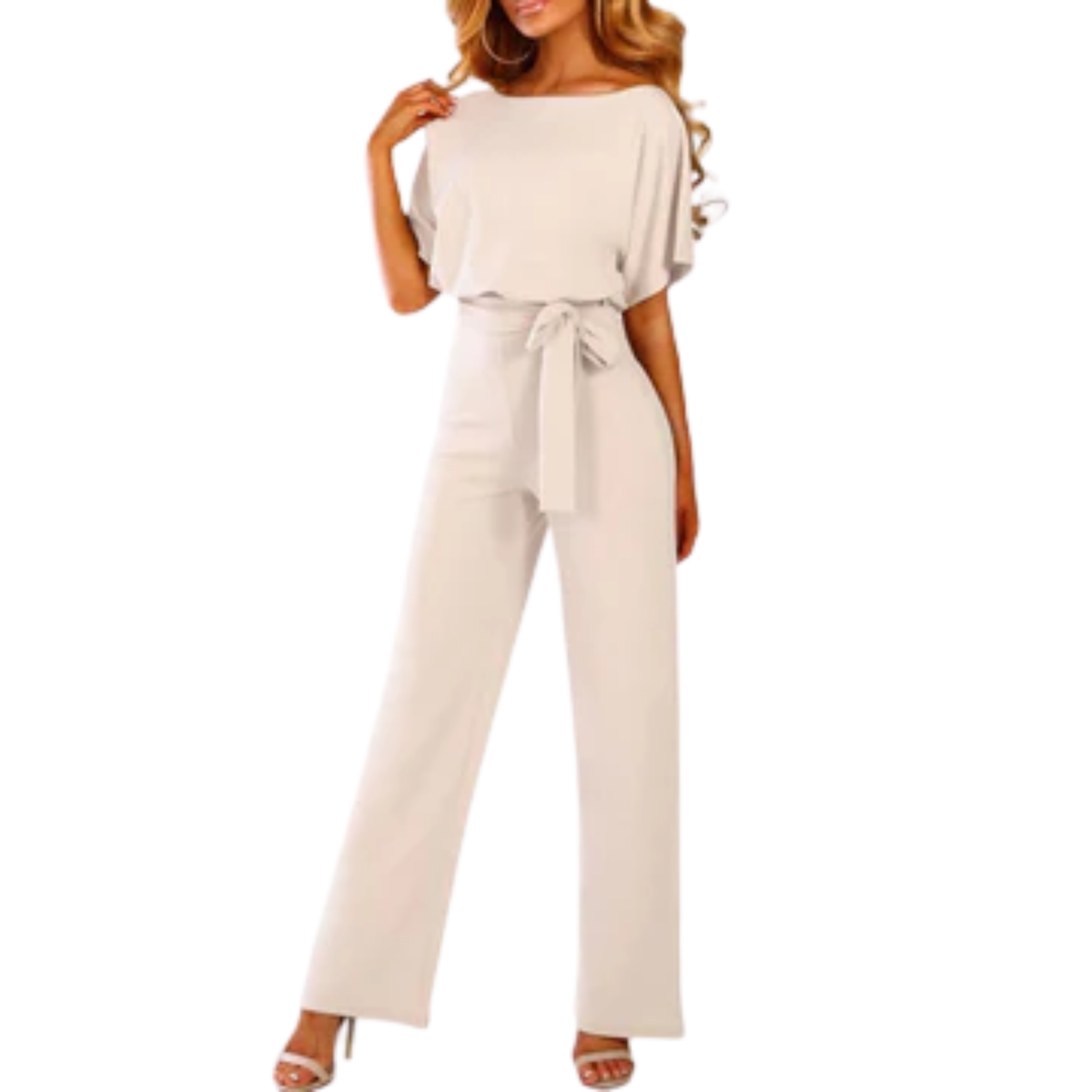 Women's wide-leg jumpsuit — with belt and short sleeves — beach — Beige