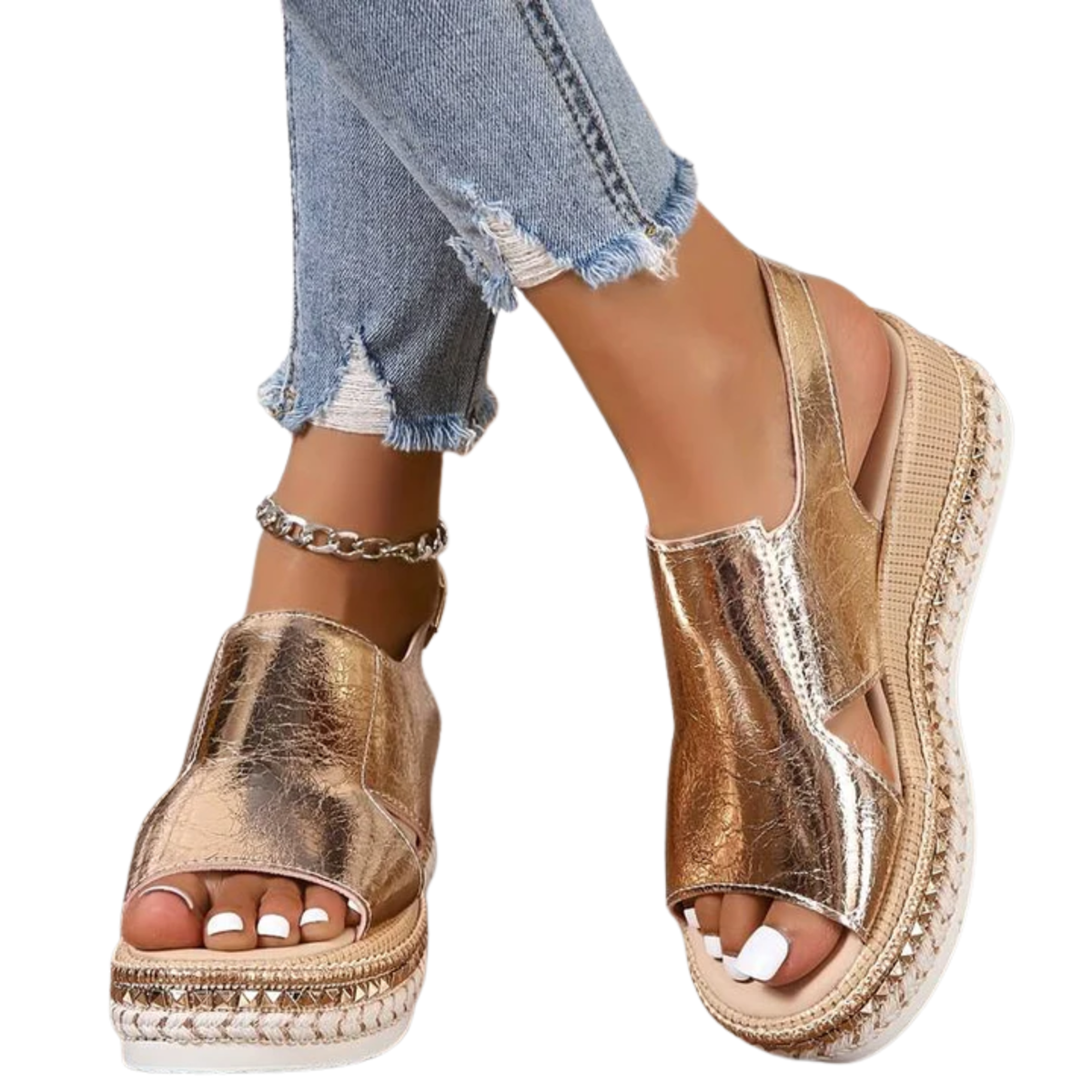 Women's wedge heel sandals — comfort and support — vacation — Gold