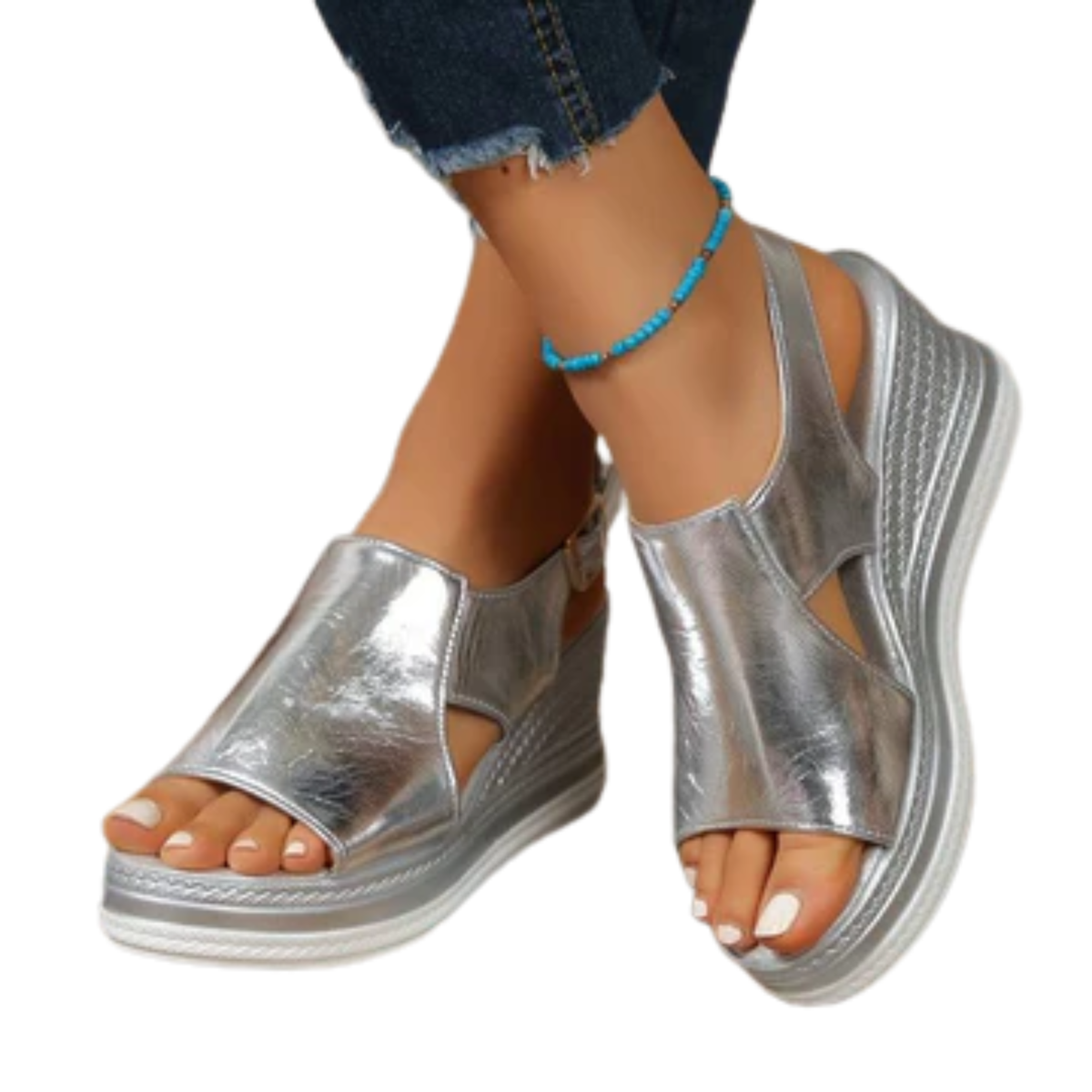 Women's wedge heel sandals — comfort and support — vacation — Silver
