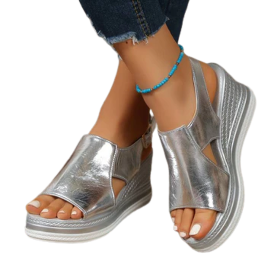 Women's wedge heel sandals — comfort and support — vacation — Silver