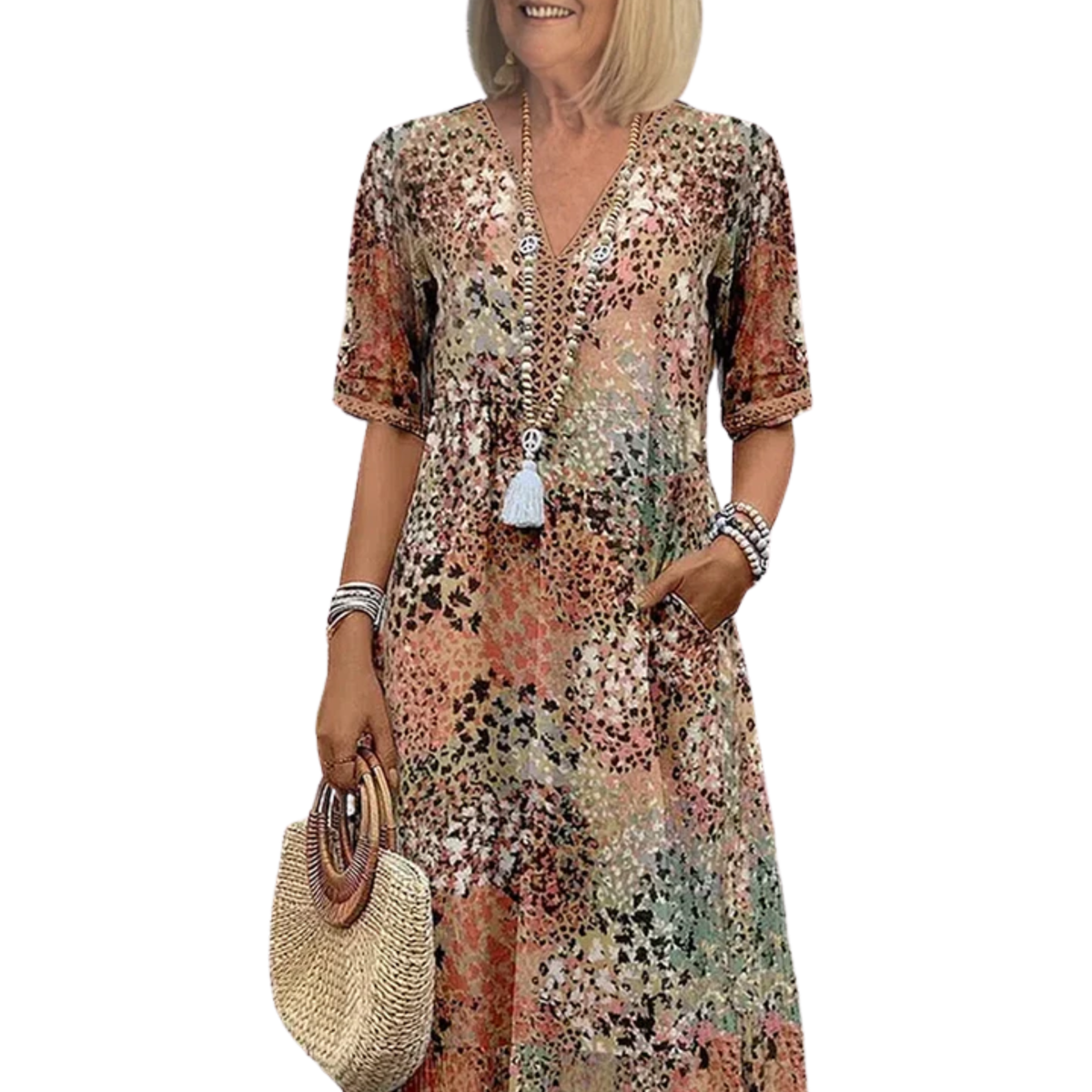 Damenkleid in ausgestellter Passform mit V-Ausschnitt und Musterdesign — Beige