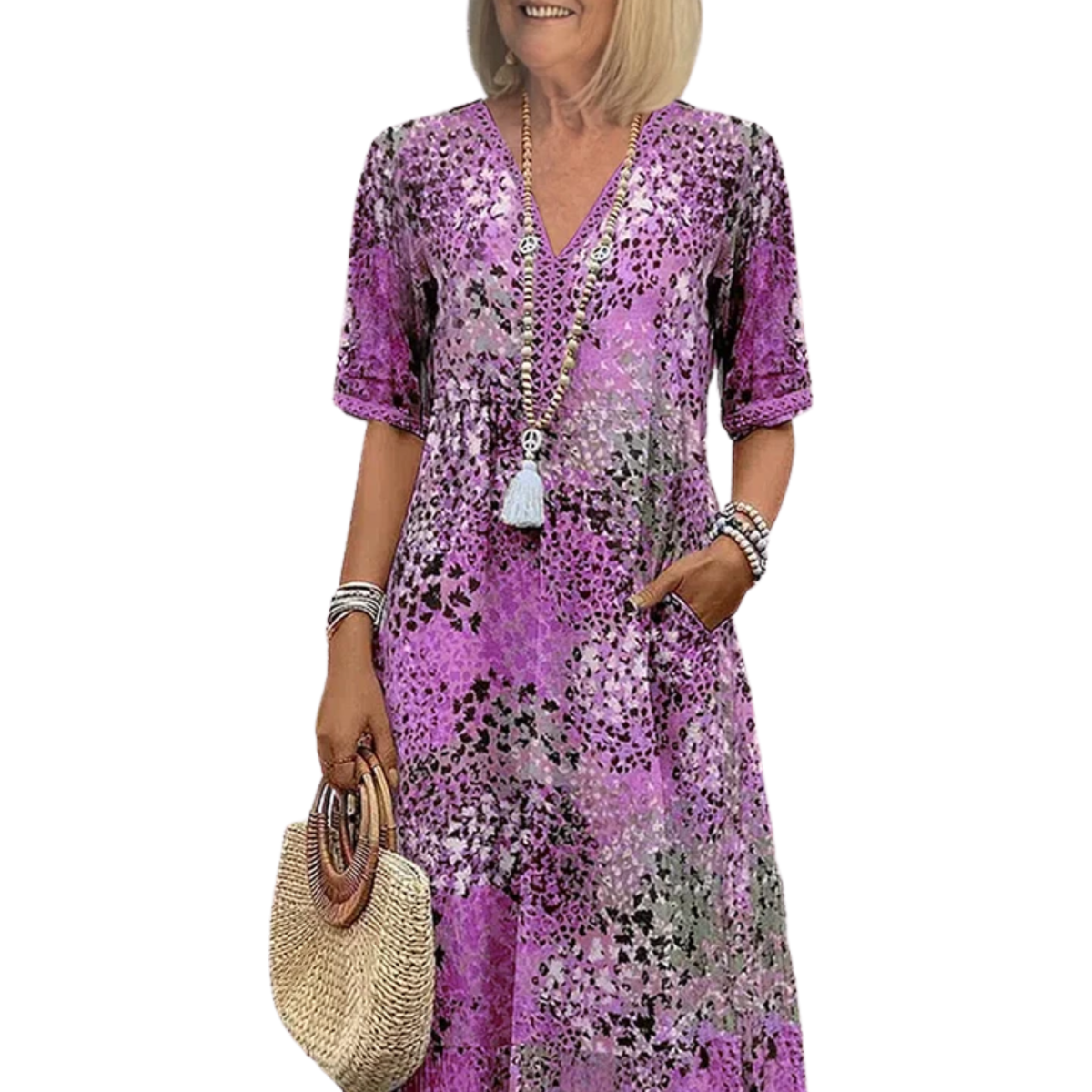 Damenkleid in ausgestellter Passform mit V-Ausschnitt und Musterdesign — Lavendel