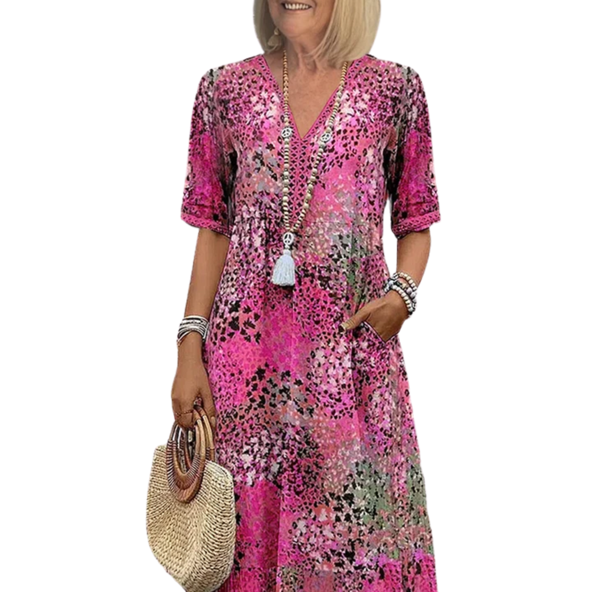Damenkleid in ausgestellter Passform mit V-Ausschnitt und Musterdesign — Rosa