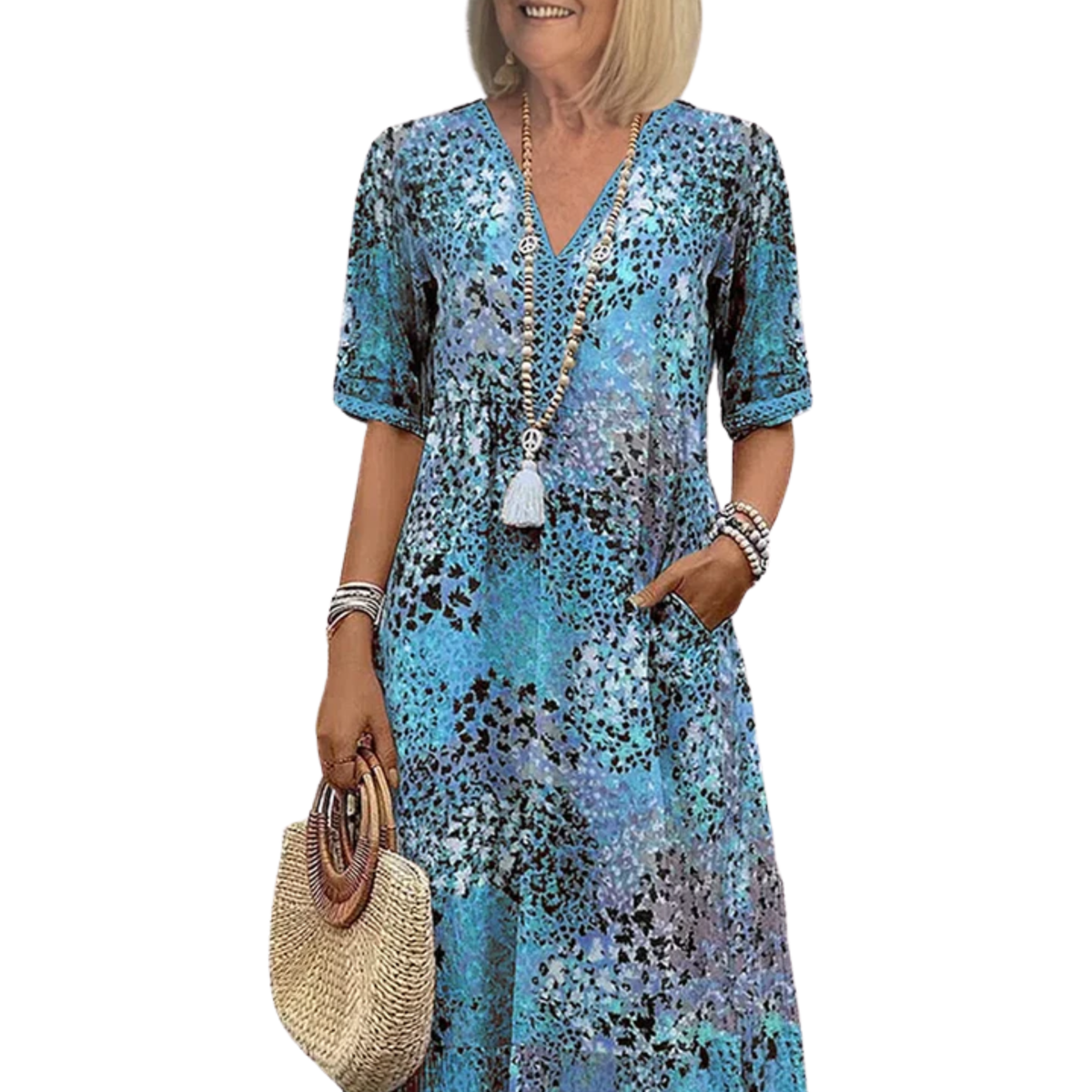 Damenkleid in ausgestellter Passform mit V-Ausschnitt und Musterdesign — Hellblau