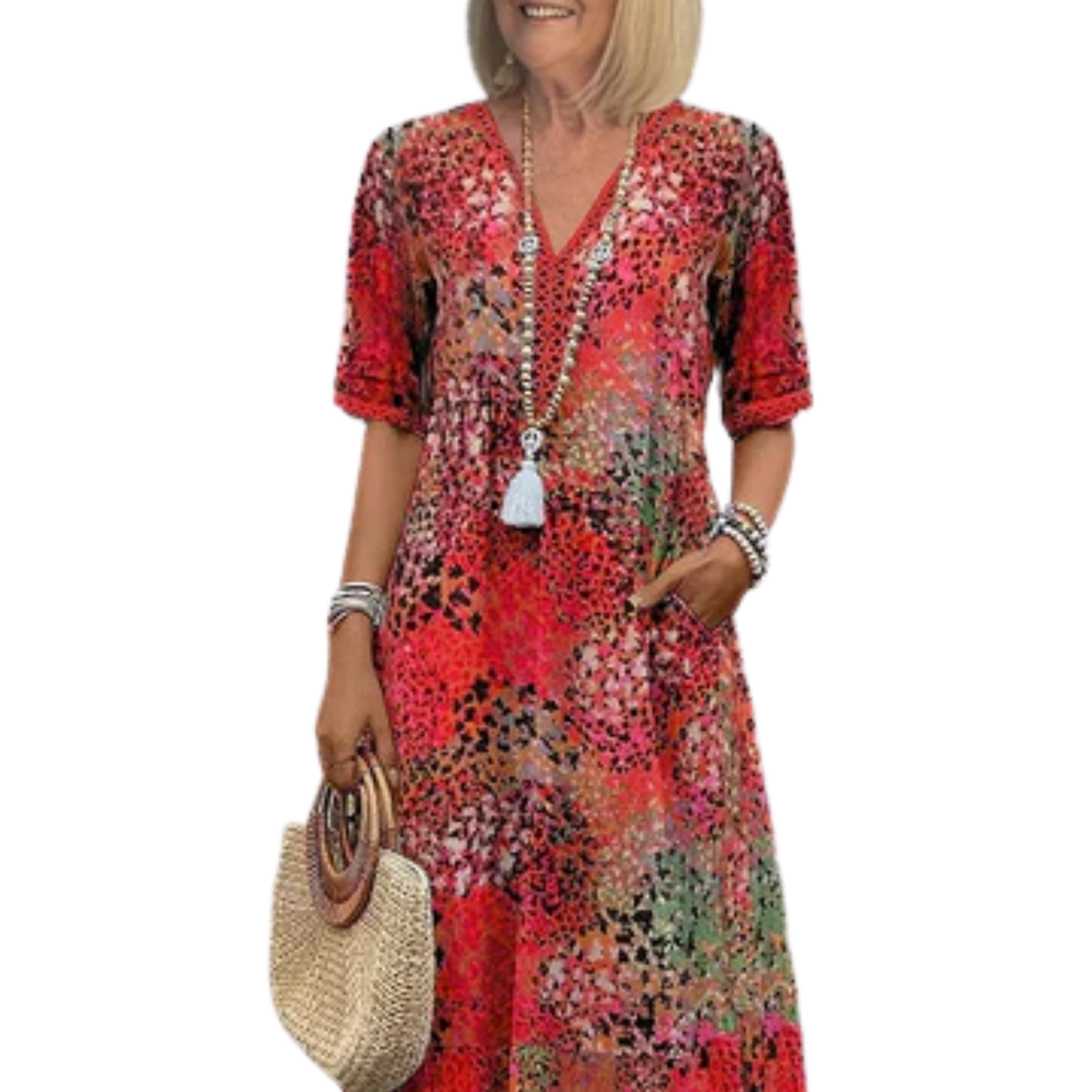 Damenkleid in ausgestellter Passform mit V-Ausschnitt und Musterdesign — Rot