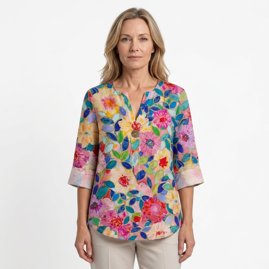 Floral print blouse — three-quarter buttoned sleeves — casual — Pink