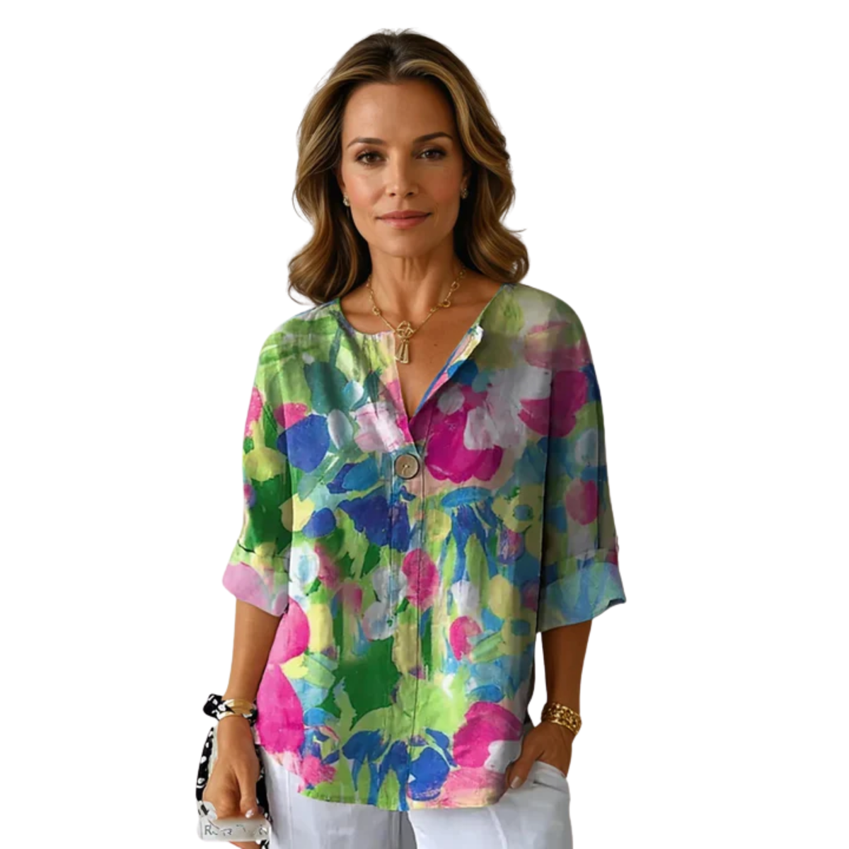 Damenbluse mit Dreiviertelarm, Knopfleiste und Blumenmuster — Hellgrün