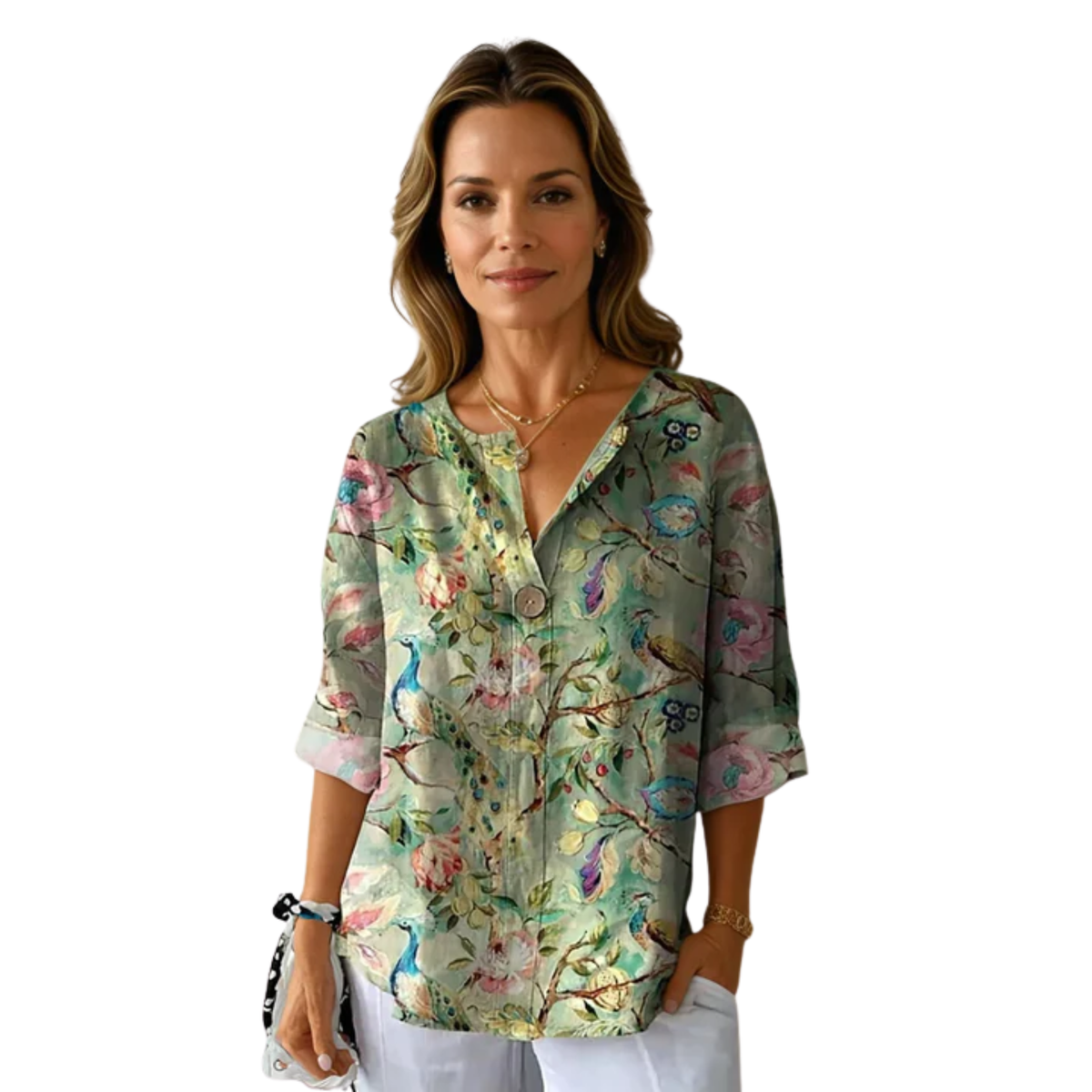Damenbluse mit Dreiviertelarm, Knopfleiste und Blumenmuster — Grün