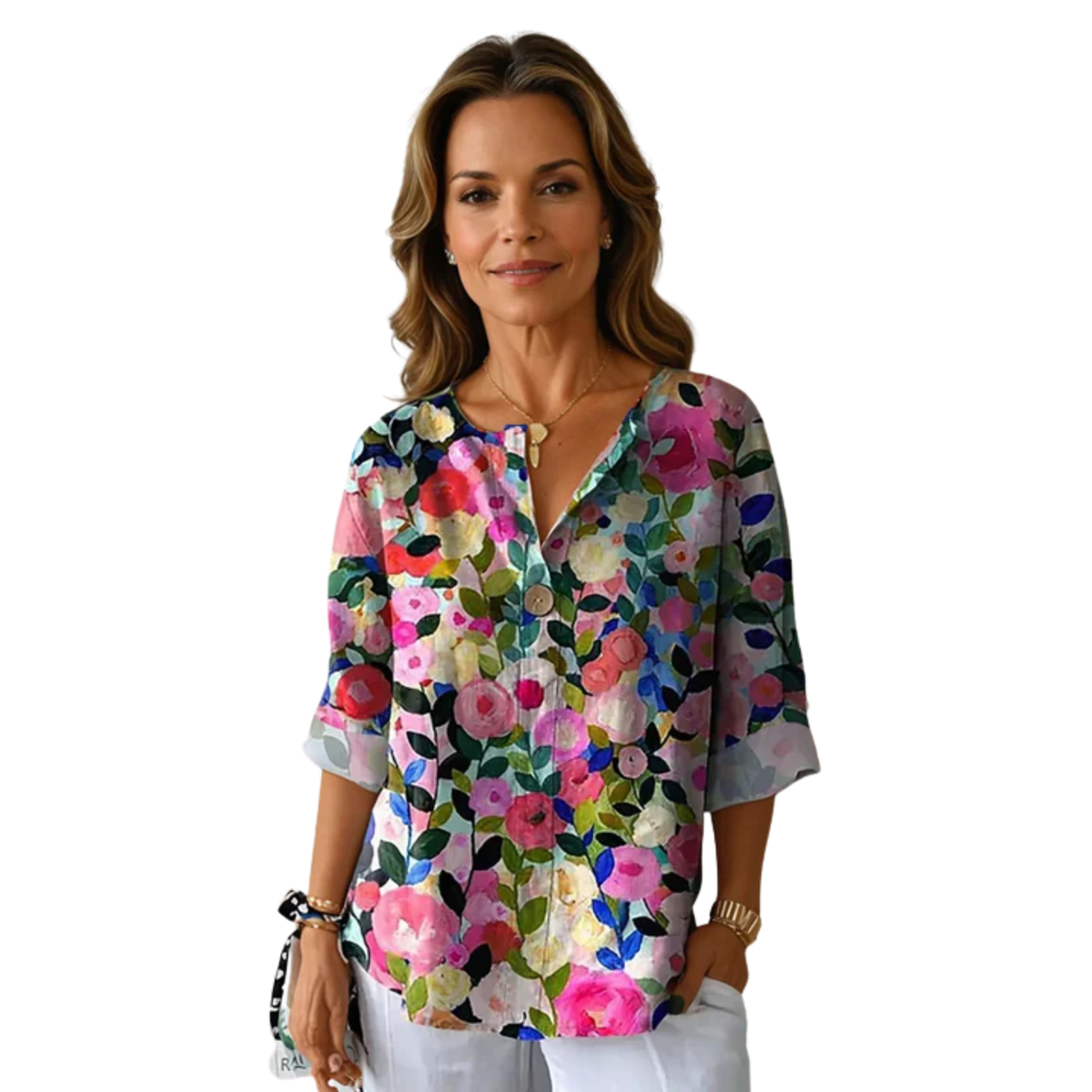 Damenbluse mit Dreiviertelarm, Knopfleiste und Blumenmuster — Rosa