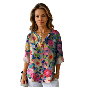 Chemisier pour femme à manches trois-quarts, boutonné et orné de motifs floraux — Bleu