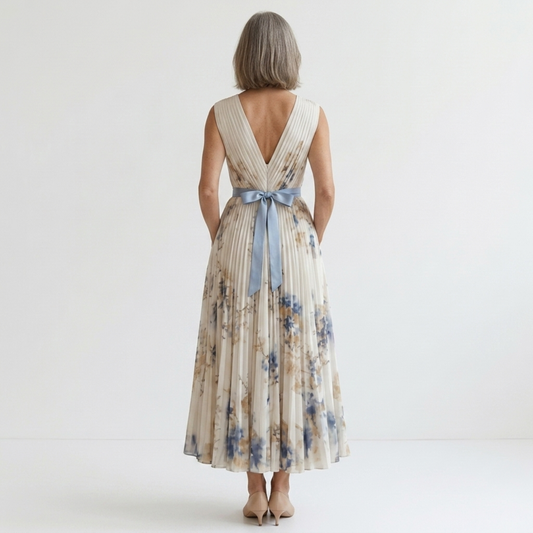 Mid-length floral dress — V-neck and pleated skirt with pockets — White