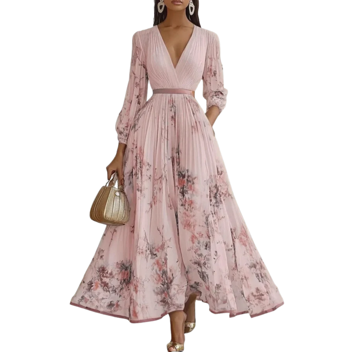 Mid-length floral dress — V-neck and pleated skirt with pockets — Pink