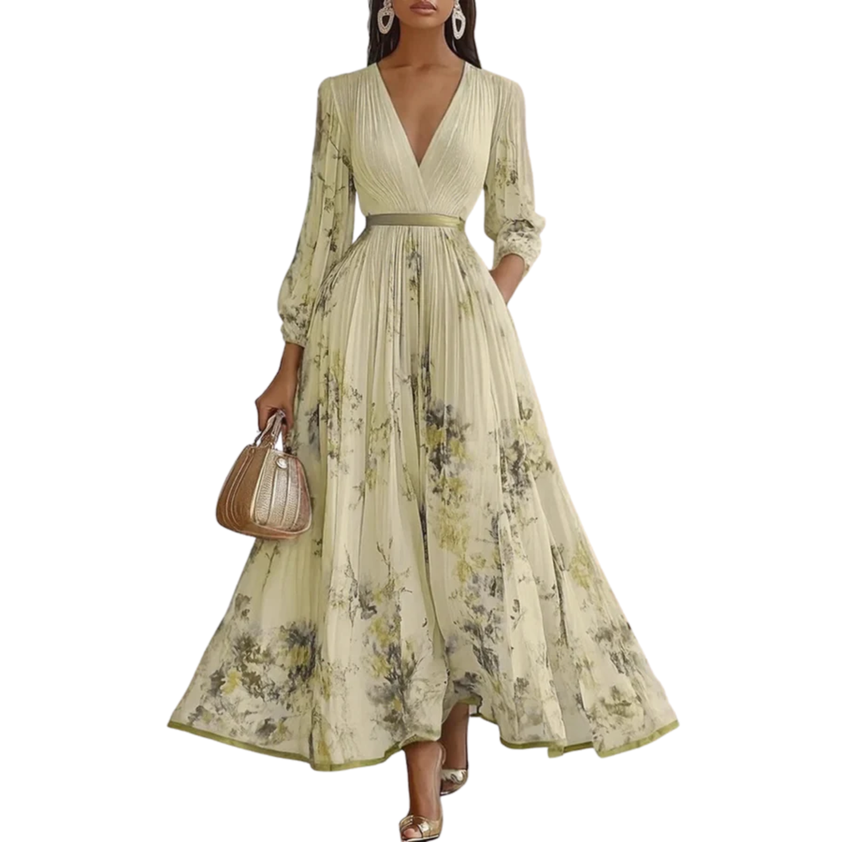 Mid-length floral dress — V-neck and pleated skirt with pockets — Yellow