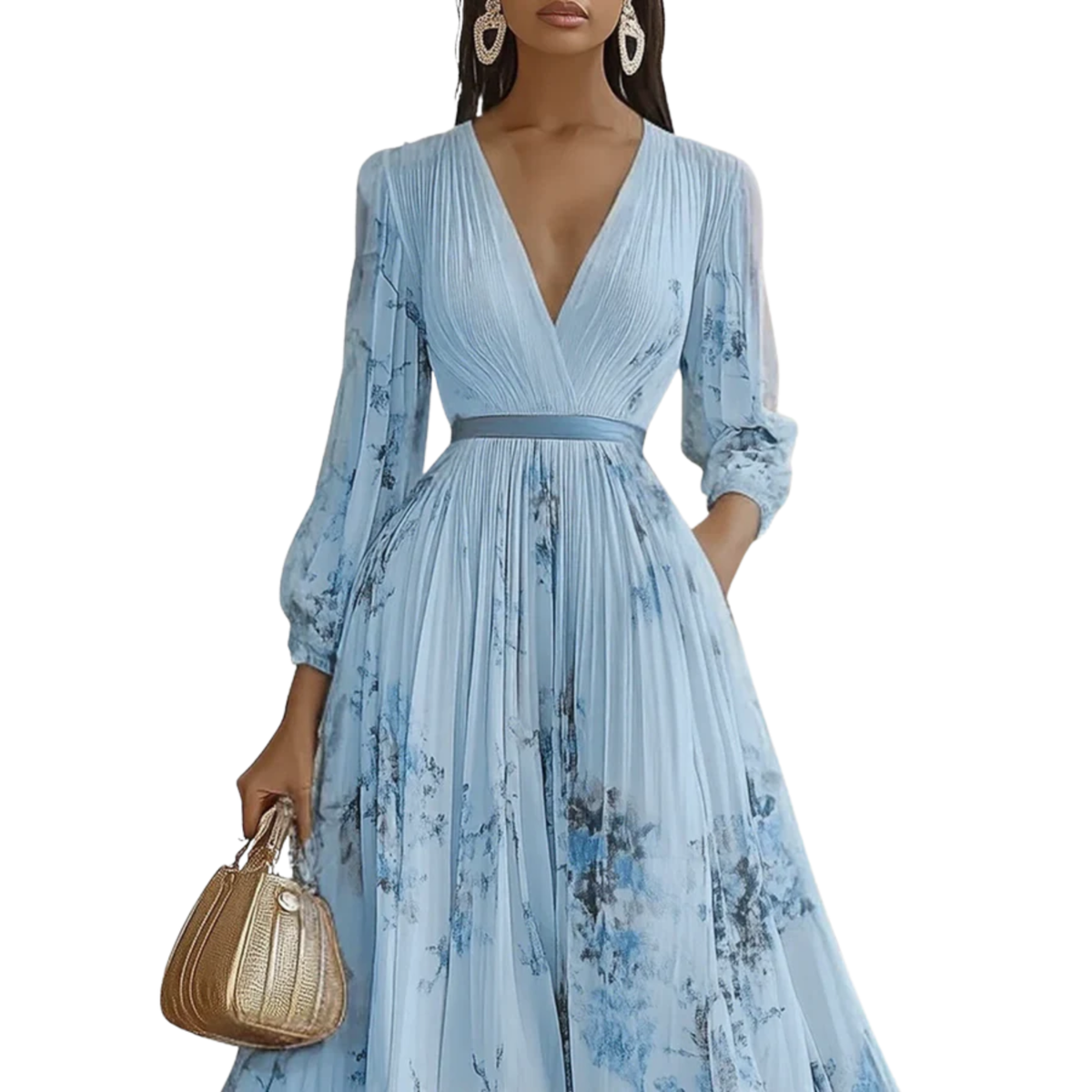 Mid-length floral dress — V-neck and pleated skirt with pockets — Blue