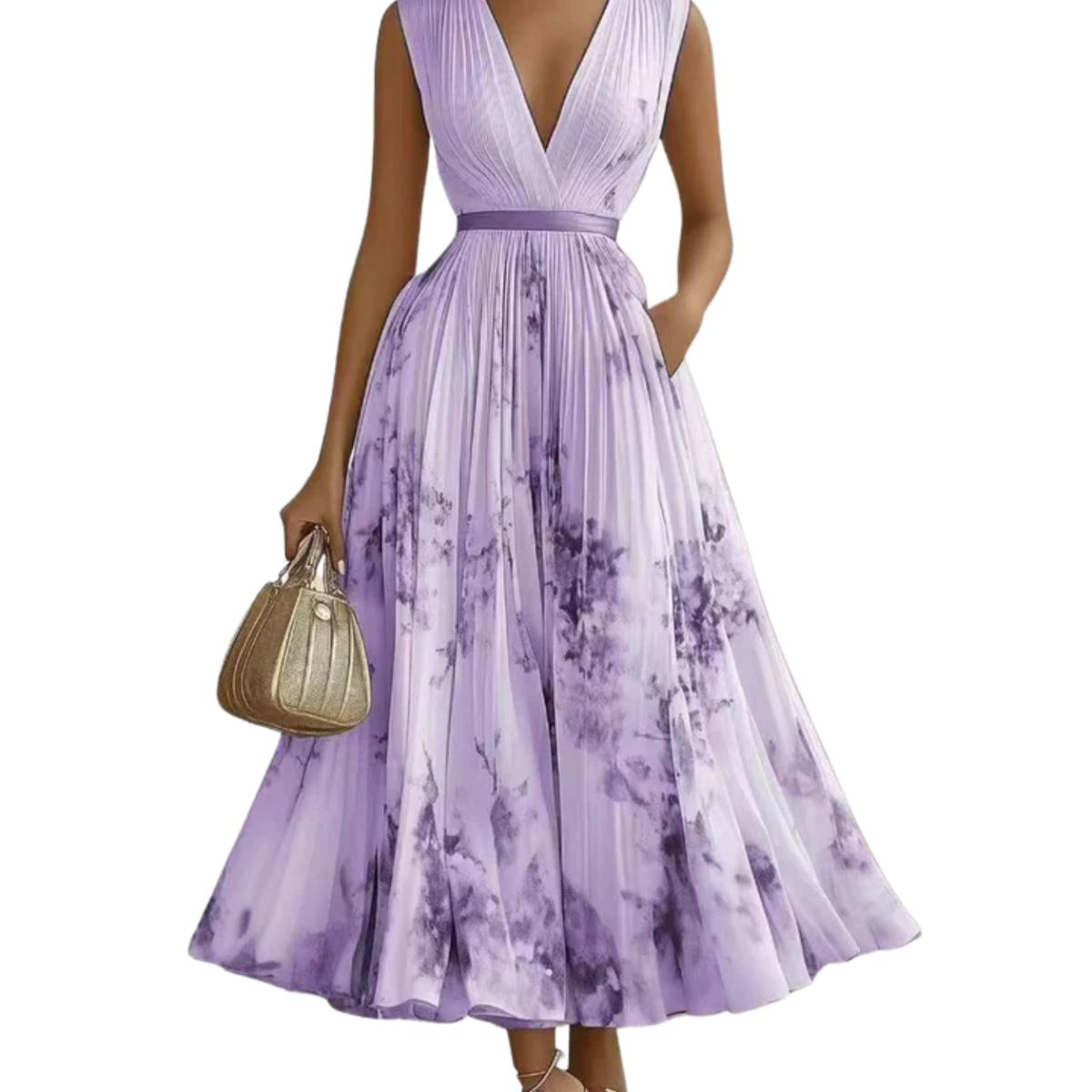 Mid-length floral dress — V-neck and pleated skirt with pockets — Purple