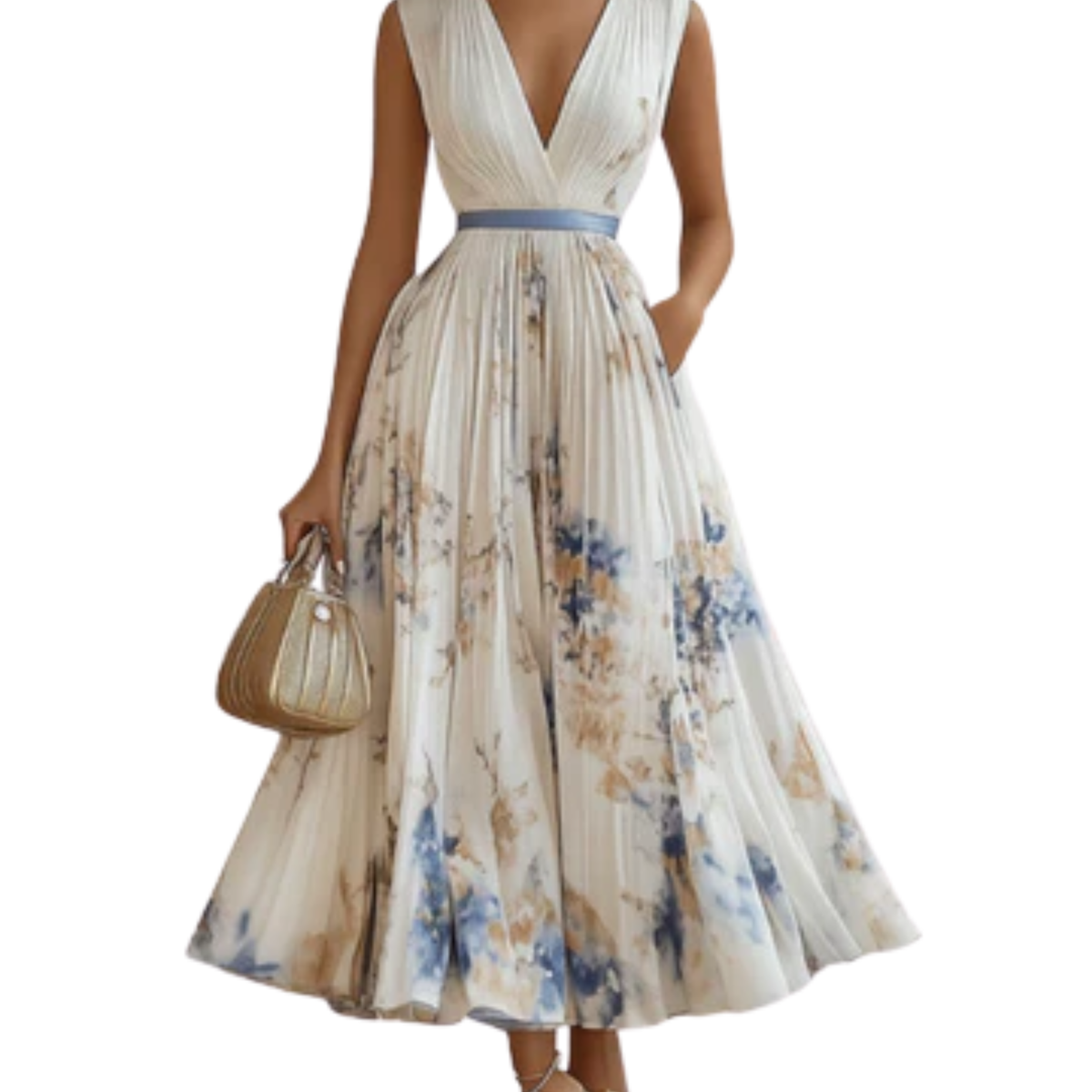 Mid-length floral dress — V-neck and pleated skirt with pockets — White