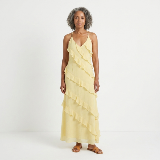 Women's tiered long dress — V halter neck for evening and party — Yellow