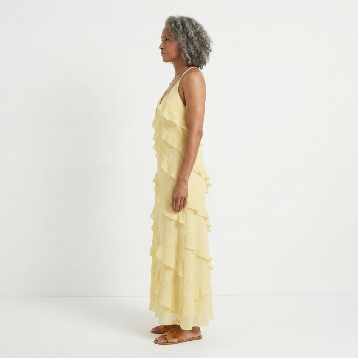 Women's tiered long dress — V halter neck for evening and party — Yellow