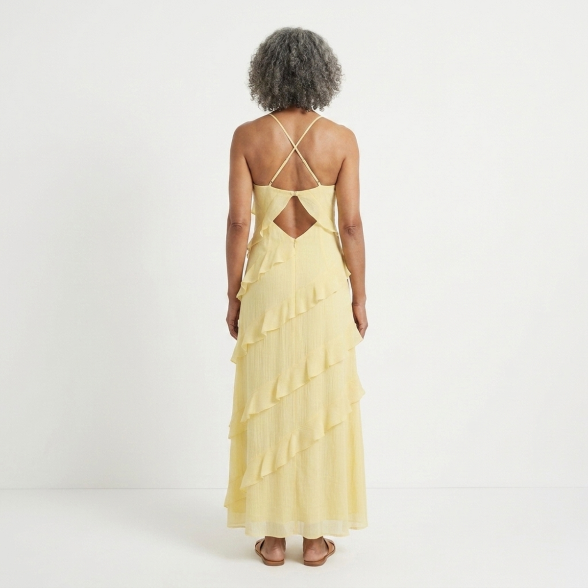 Women's tiered long dress — V halter neck for evening and party — Yellow