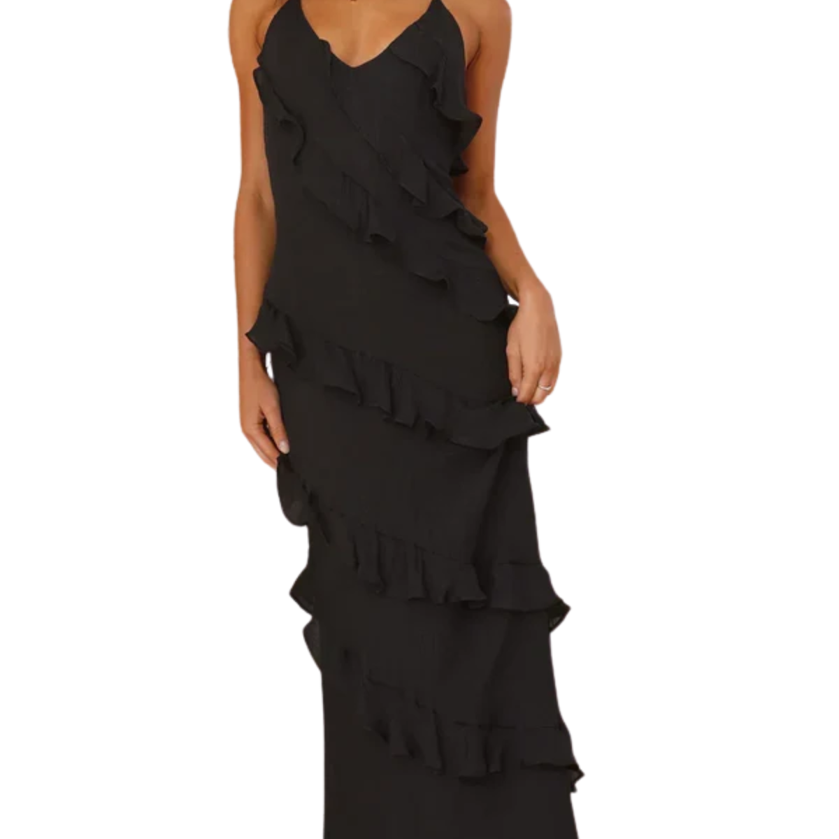 Women's tiered long dress — V halter neck for evening and party — Black