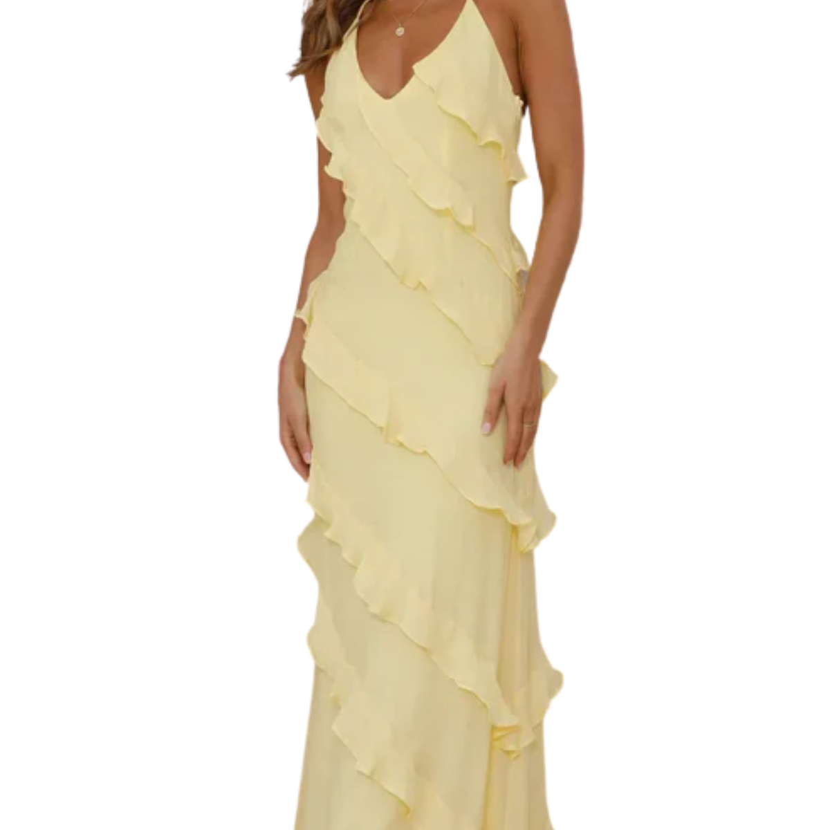 Women's tiered long dress — V halter neck for evening and party — Yellow
