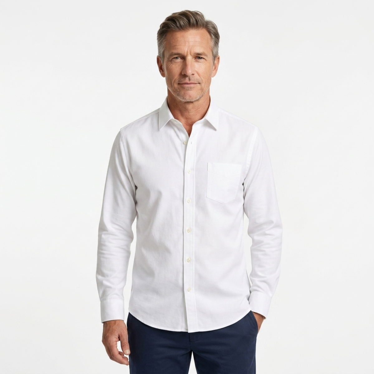 Men's button-down shirt — long sleeves and pointed collar — White