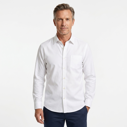 Men's button-down shirt — long sleeves and pointed collar — White