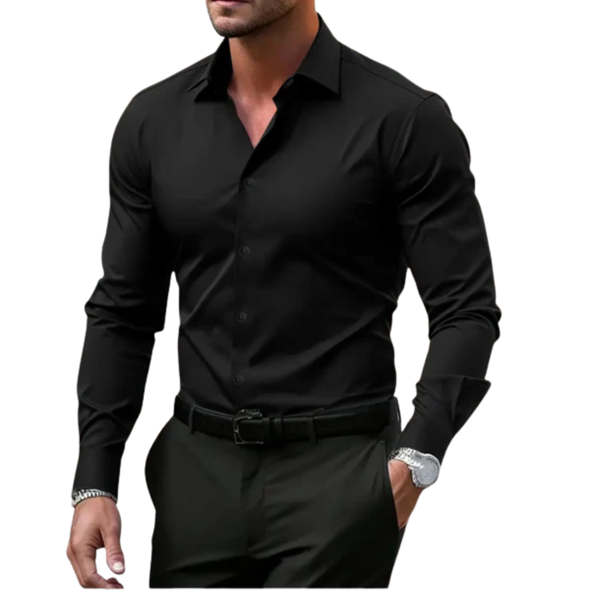 Men's button-down shirt — notched collar and long sleeves — everyday — Black