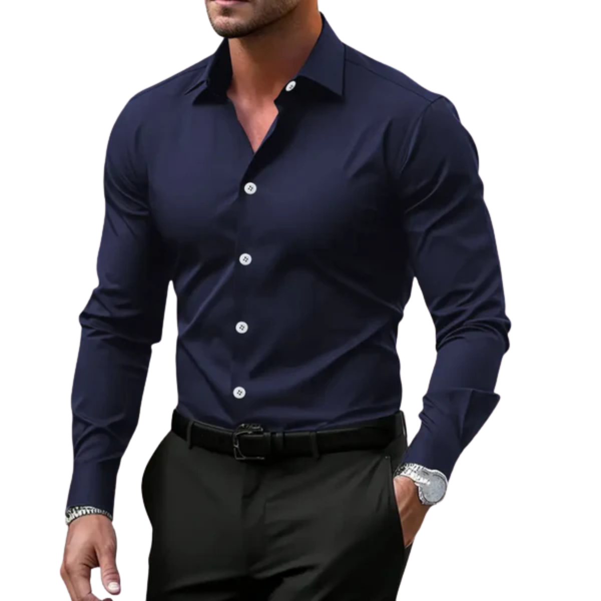 Men's button-down shirt — notched collar and long sleeves — everyday — Navy Blue