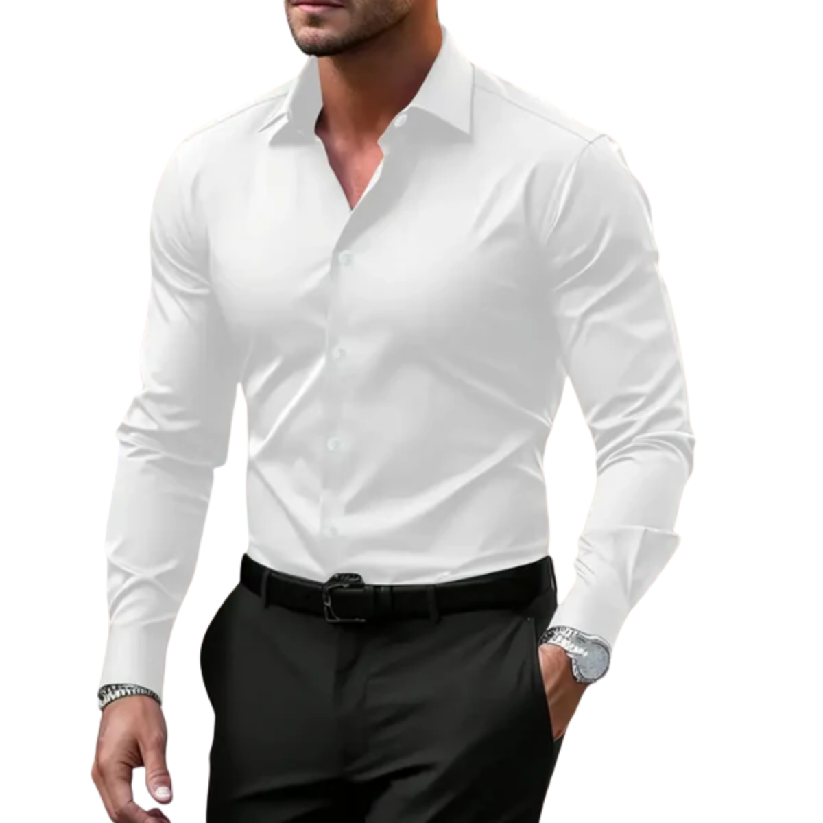 Men's button-down shirt — notched collar and long sleeves — everyday — White