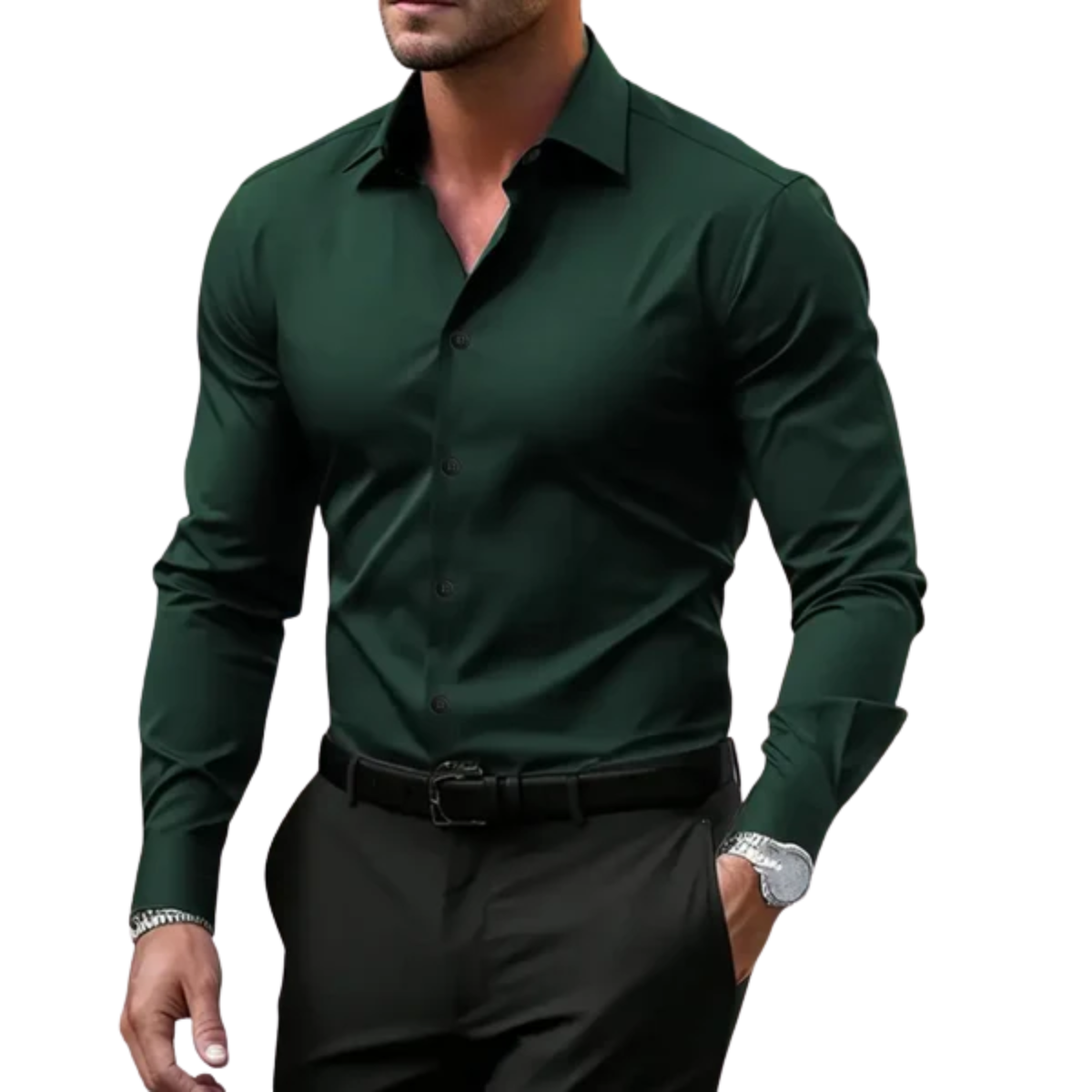 Men's button-down shirt — notched collar and long sleeves — everyday — Dark Green