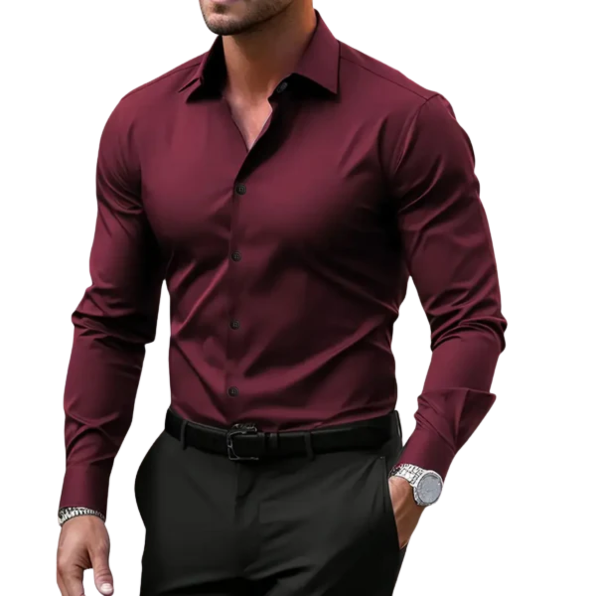 Men's button-down shirt — notched collar and long sleeves — everyday — Wine Red
