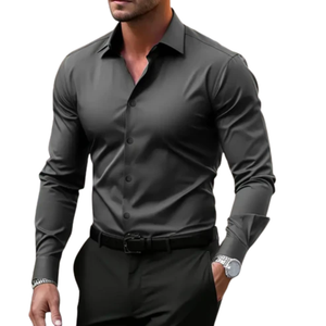 Men's button-down shirt — notched collar and long sleeves — everyday — Dark Grey