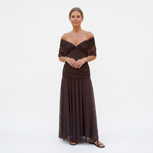 Flared maxi dress — V-neck and flutter sleeves — ceremony — Brown