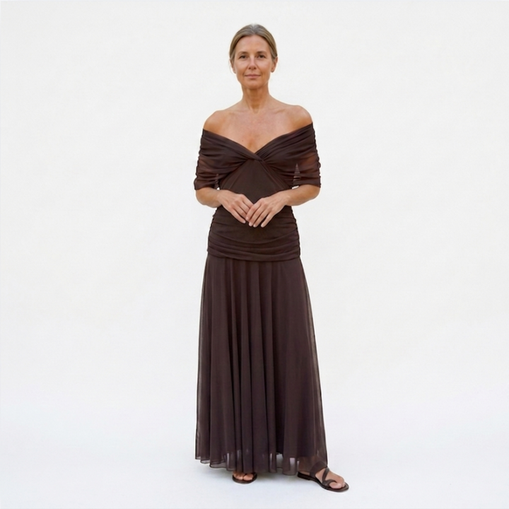 Damenkleid mit ausgestelltem Schnitt und V-Ausschnitt — Braun
